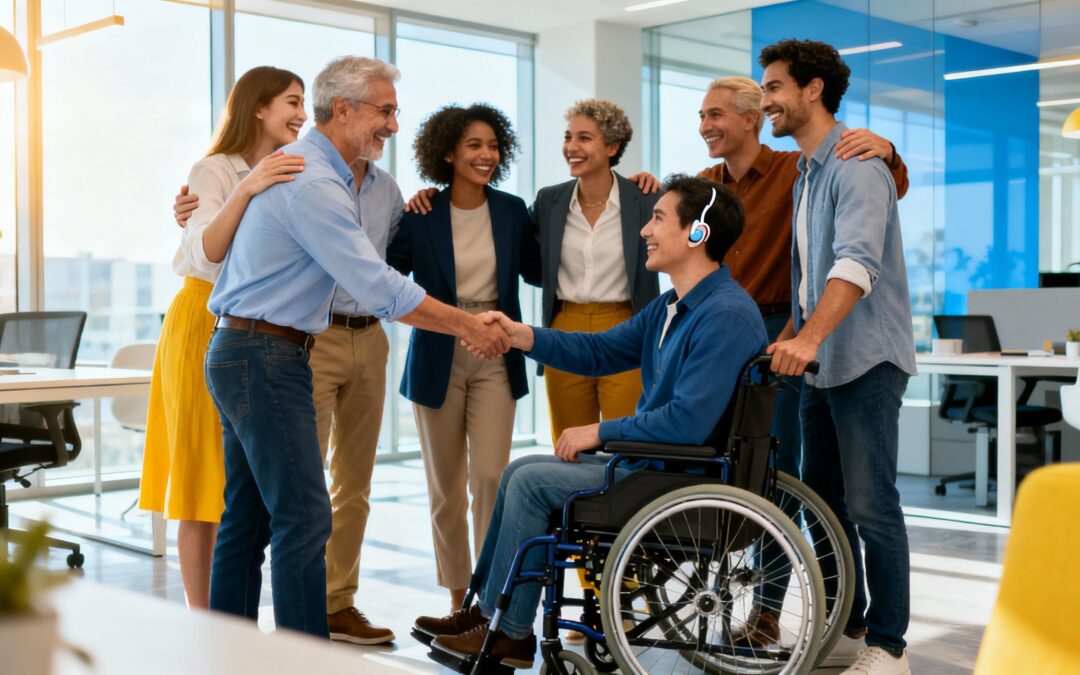 Diverse colleagues with disabilities connecting in a modern office