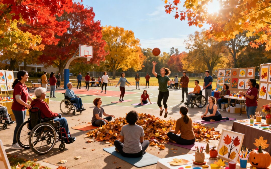 Community event with wheelchair users and volunteers in autumn.