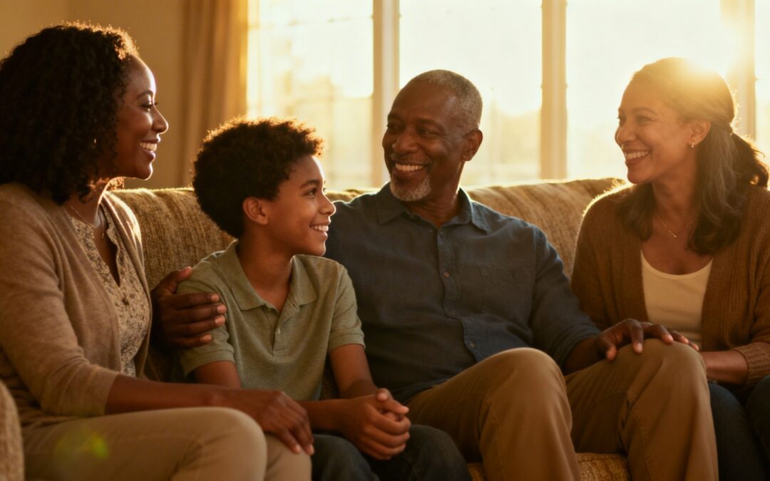 Family members sharing a supportive conversation in a bright living room.